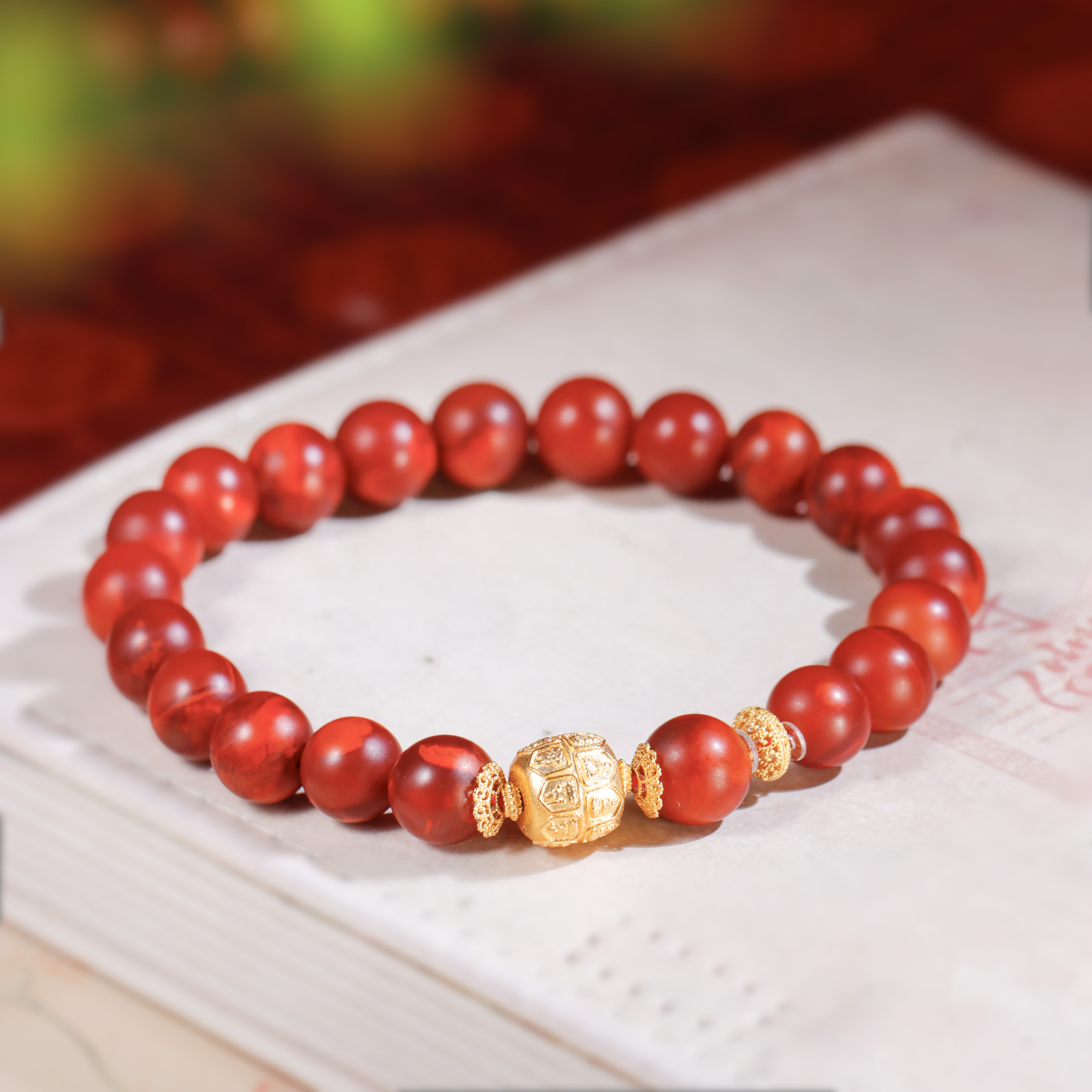 18K金南红哑光火焰纹手串南红手串简约珠宝首饰38好物节礼物