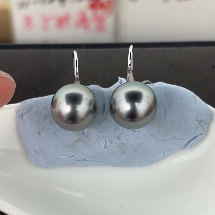 定制海水珍珠银S925镶嵌耳饰11-12mm铂金灰裸珠两颗