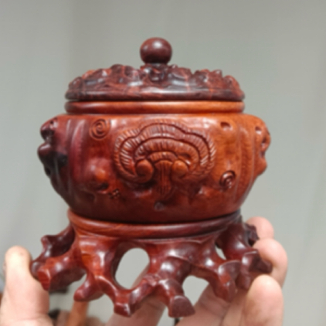 缅甸花梨木（大果紫檀）微瑕处理手工雕刻如意香炉三件套88