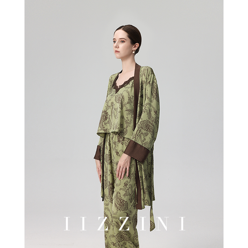IIZZINI 原创睡衣女春夏薄款冰丝佩斯利藤蔓奢华可外穿吊带3件套