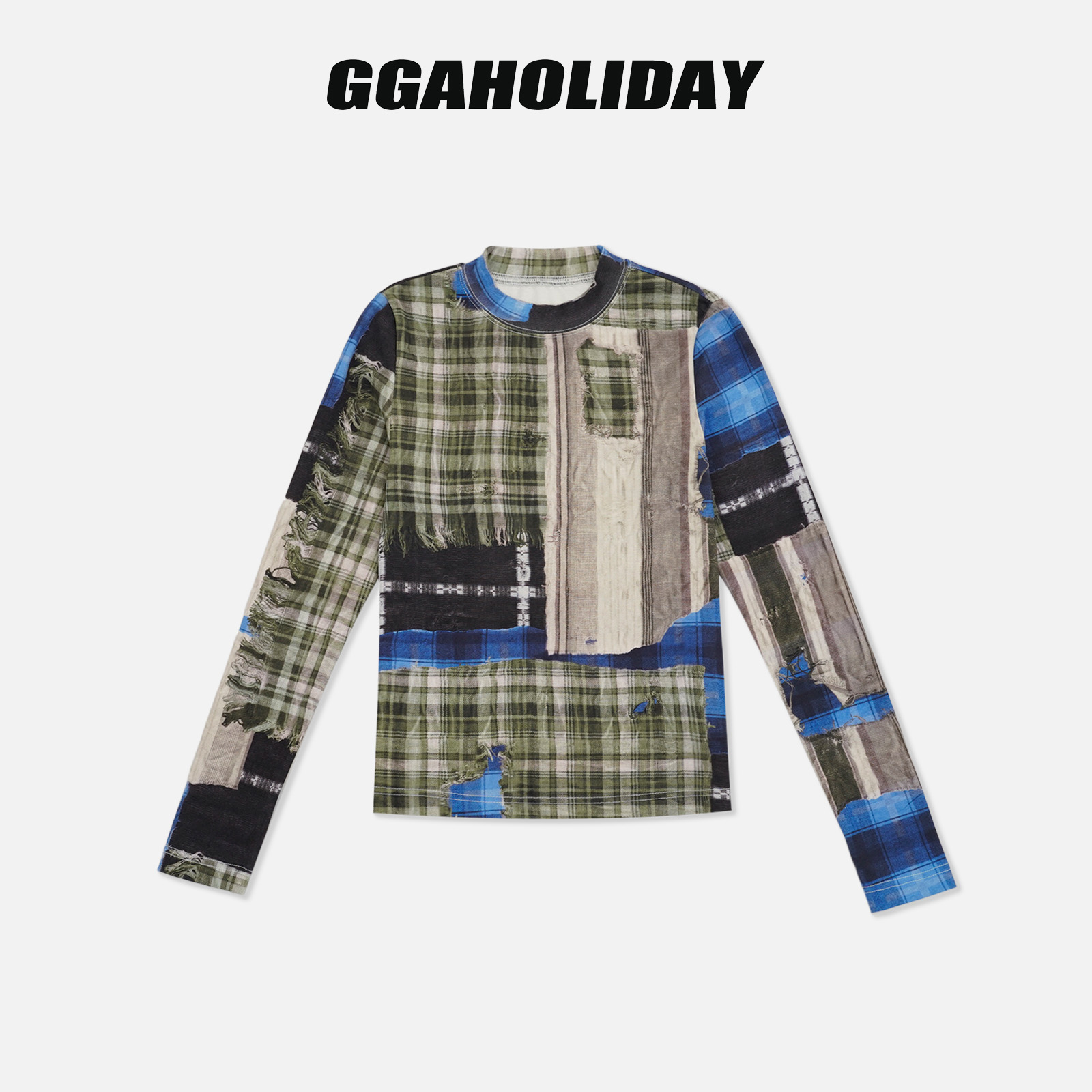 【上新】GGAHOLIDAY格纹拼接长袖复古女士潮流百搭打底衫-154175