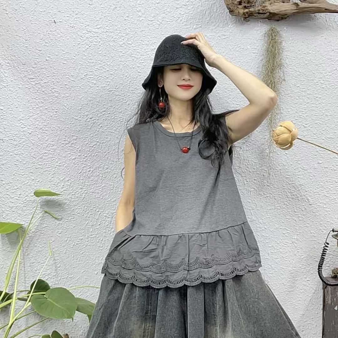 1377细纹棉拼棉布下摆背心上衣（长60胸围112-160