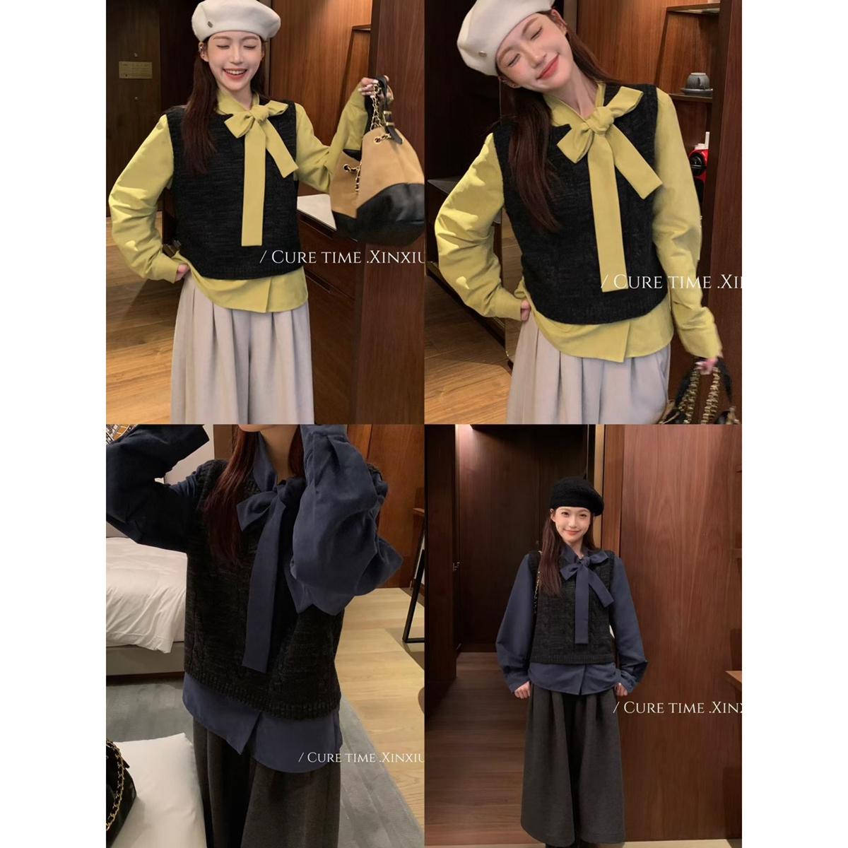 新袖 89190韩秋冬系带蝴蝶结加厚衬衫羊毛针织马甲背心两件套上衣