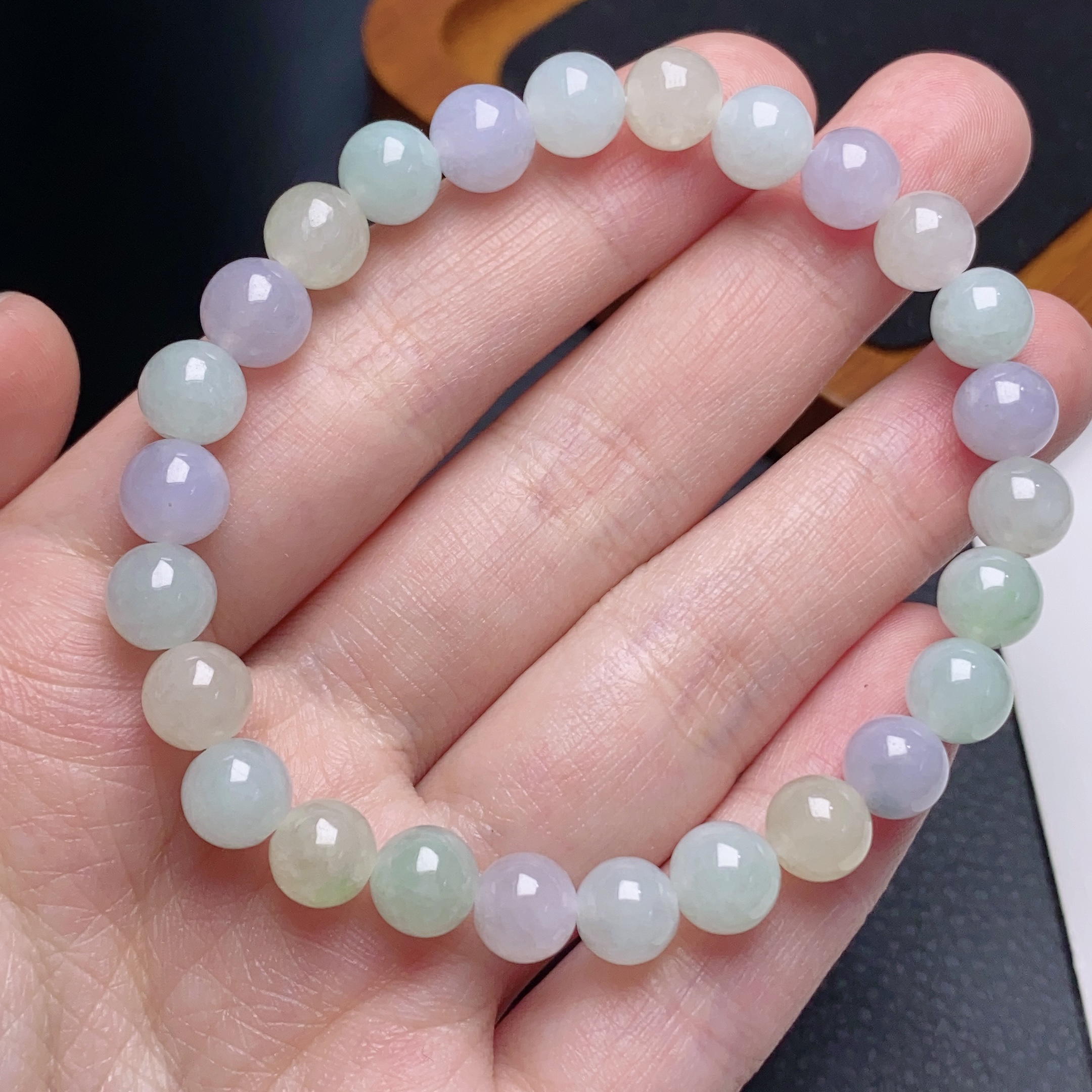 缅甸天然a货翡翠冰种马卡龙圆珠手链卡7mm