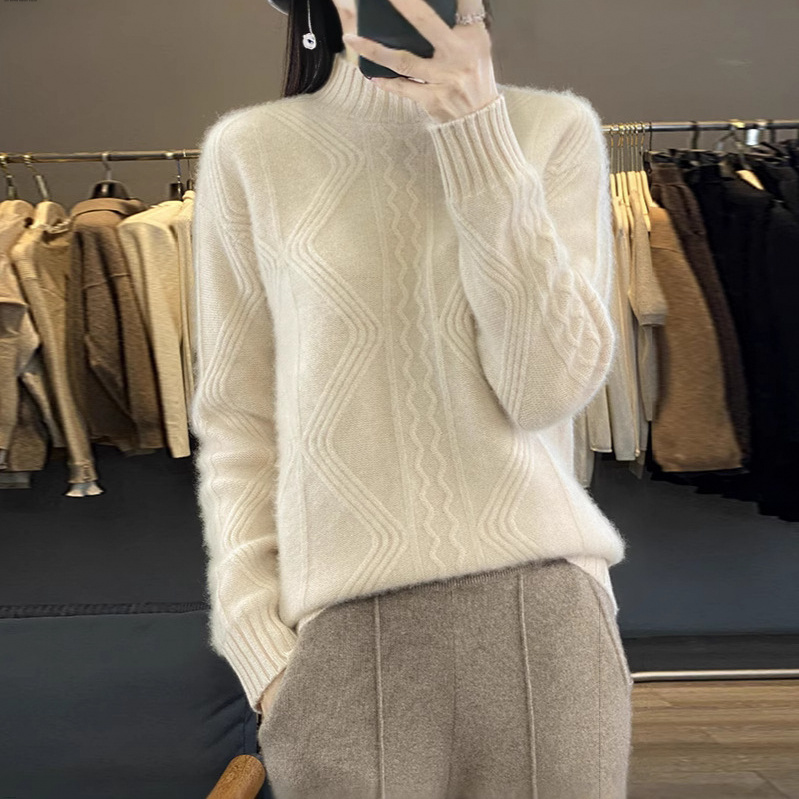 半高领山羊绒衫女23秋冬新款加厚保暖毛衣绞花宽松打底套头针织衫