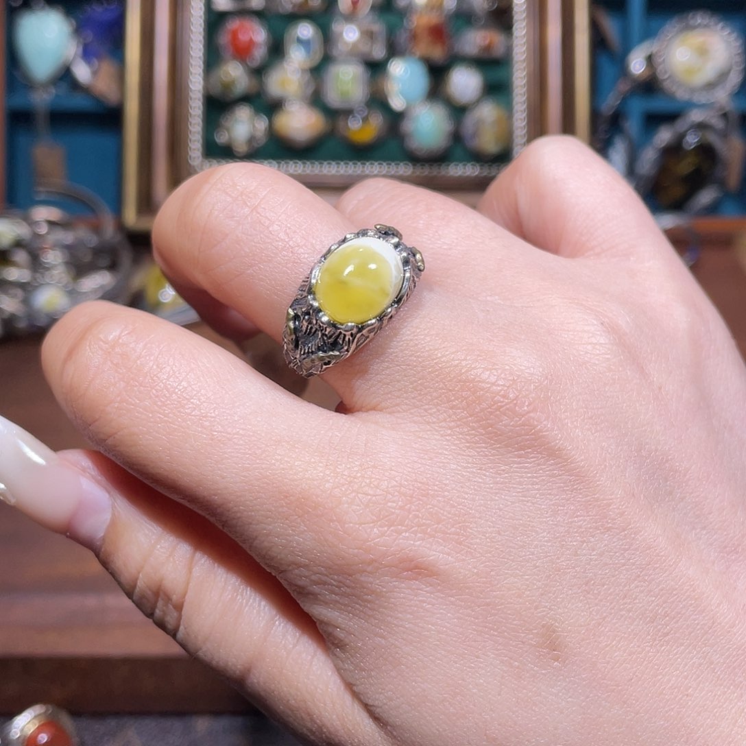 琥珀银S925镶嵌戒指