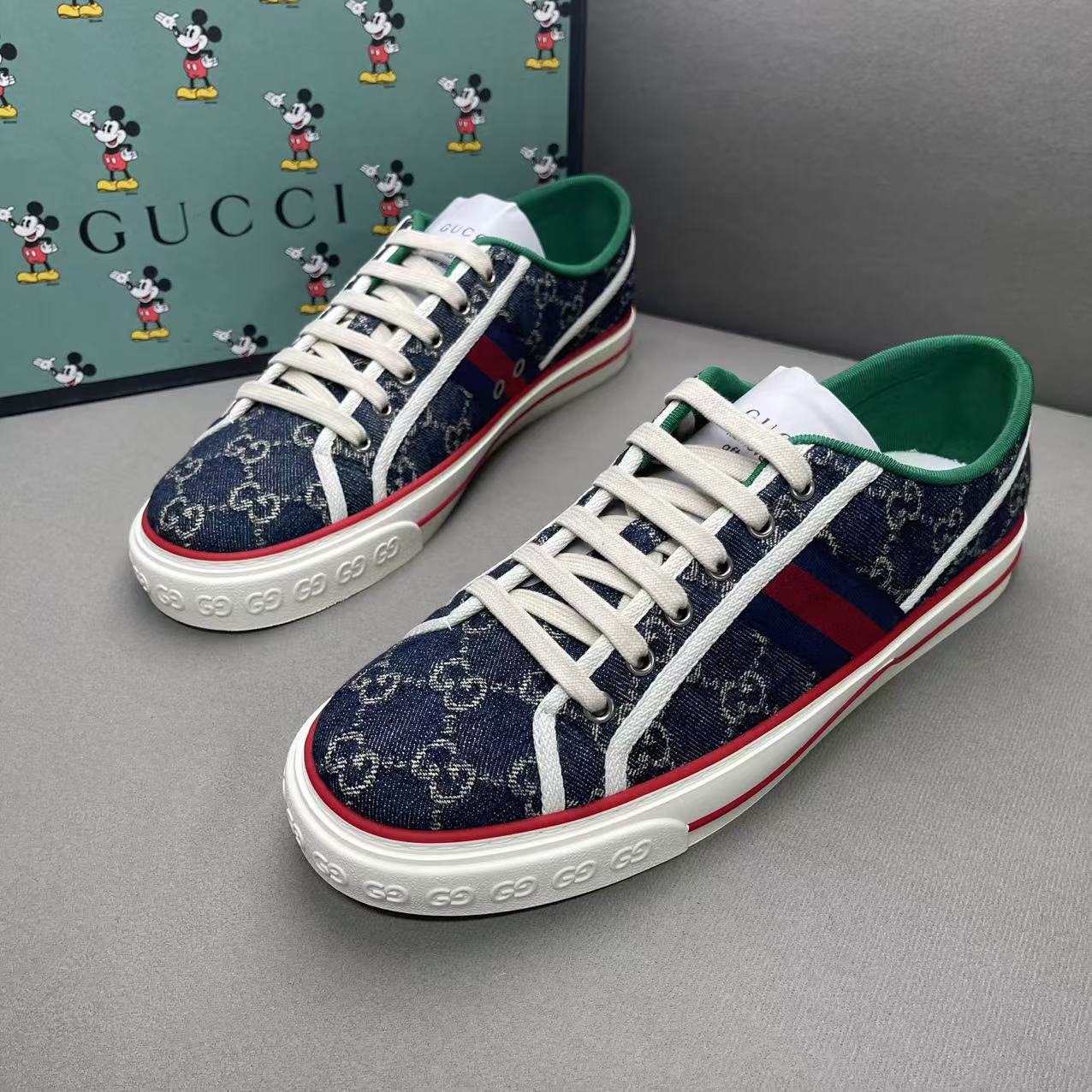 全新未使用 GUCCI/古驰 牛仔蓝1977老花满印休闲百搭板鞋 多尺码