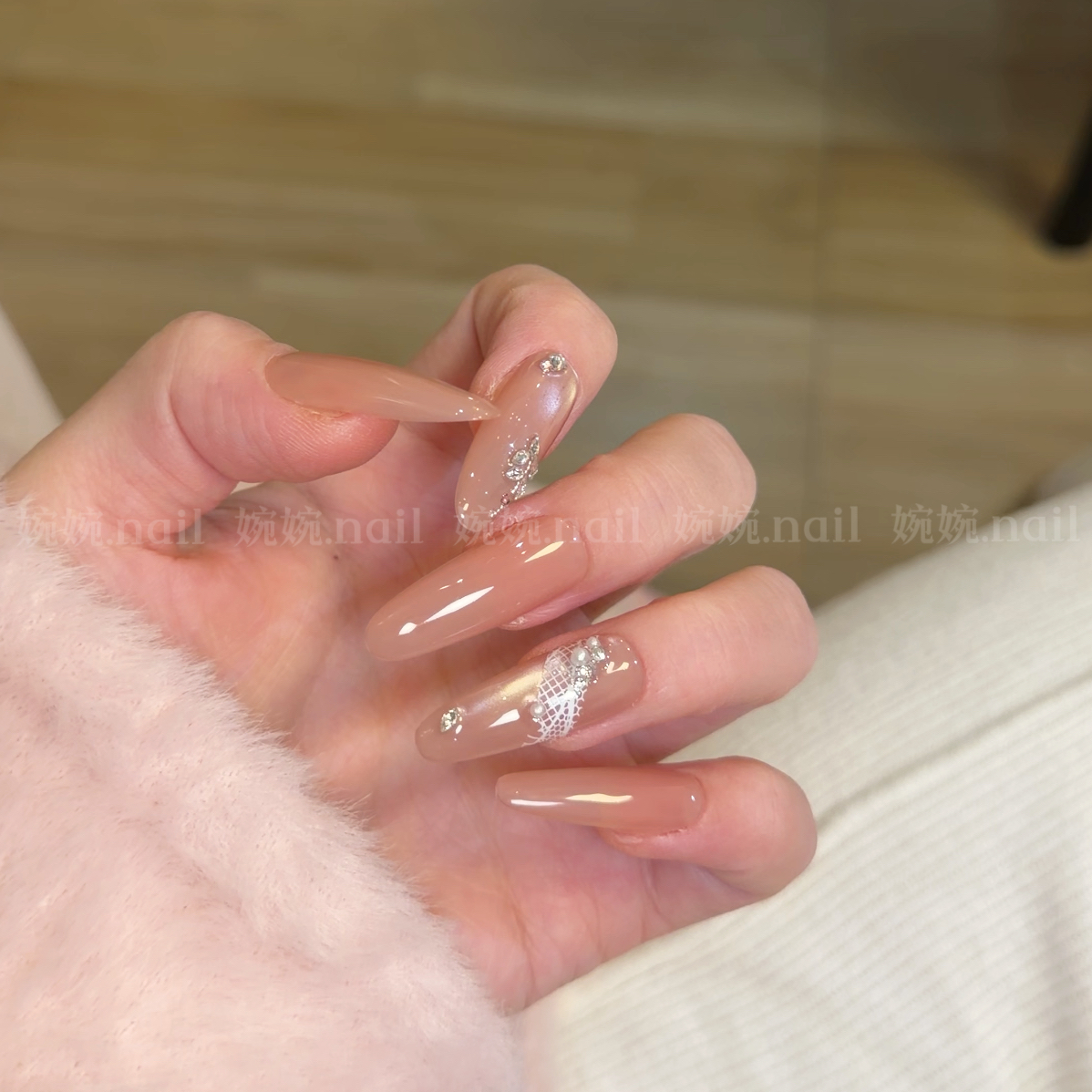 【水光蕾丝】婉婉 纯手工气质猫眼贴钻设计穿戴甲