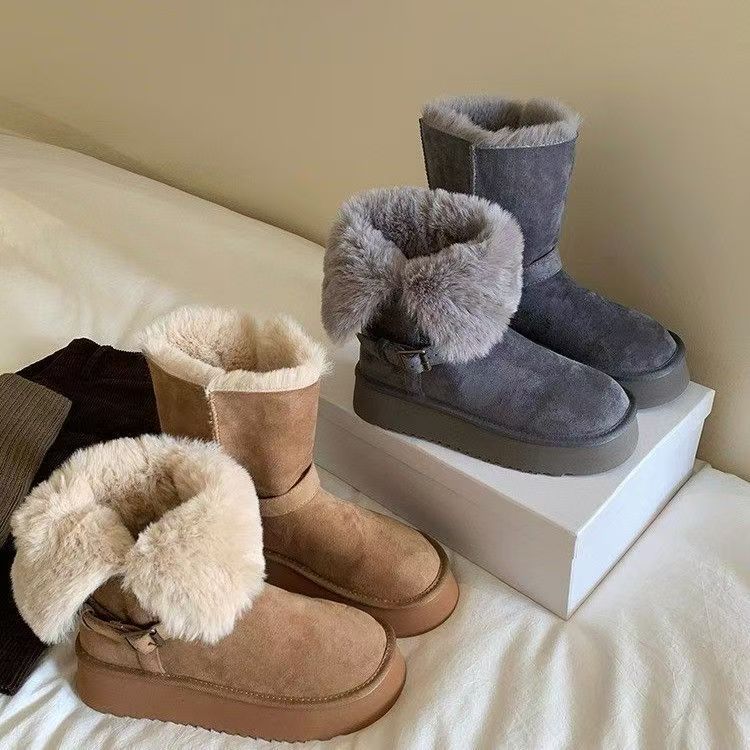 厚底两穿雪地靴女2025冬季新款短靴皮毛一体加绒加厚保暖东北棉鞋
