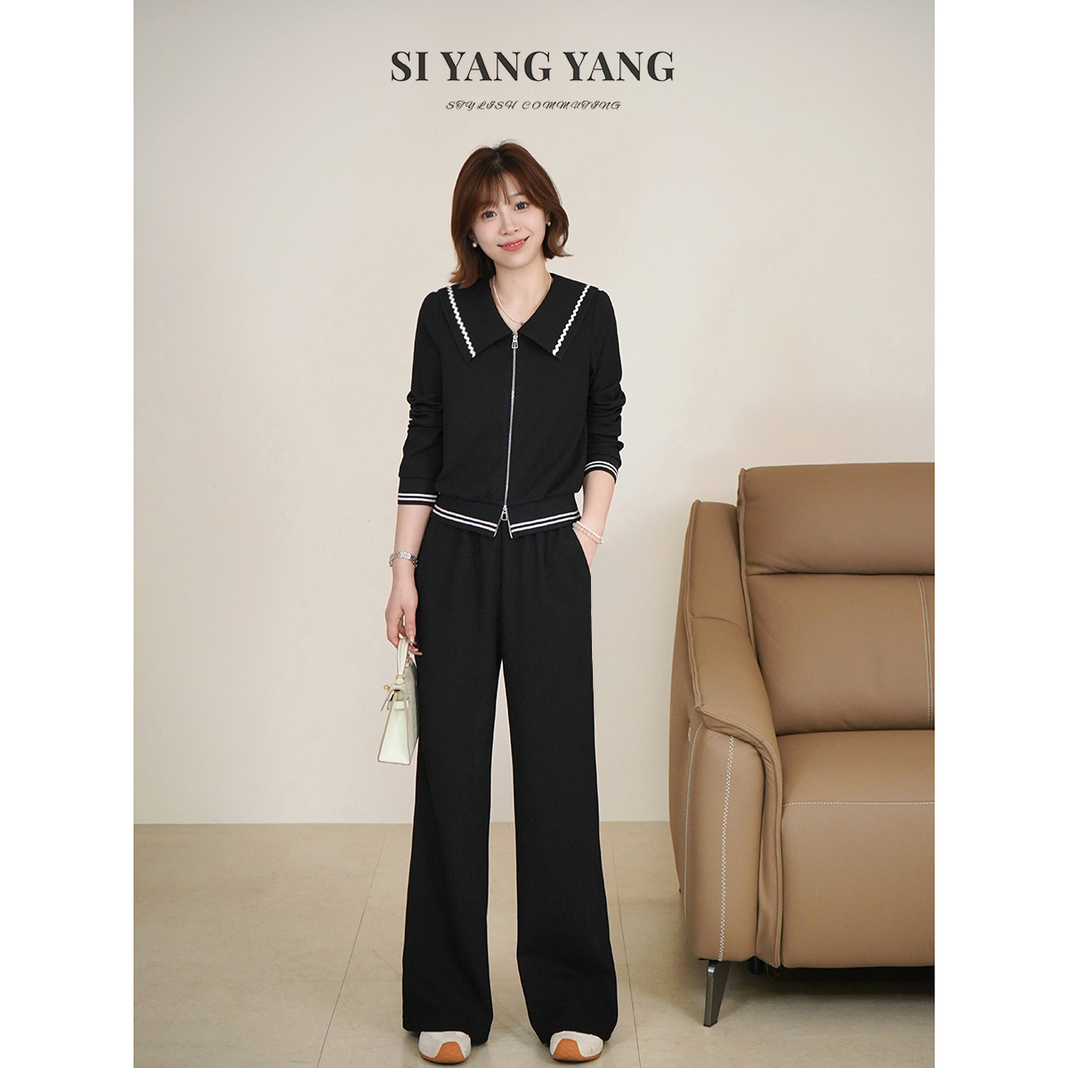 斯洋洋SIYANG超柔斜纹弹力舒适海军领通勤长裤套装TZ509A005SYY