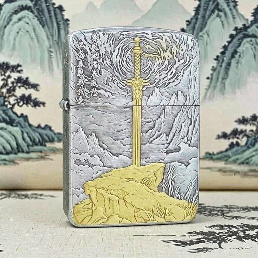 Zippo打火机1941熏银鎏金剑来DYJ1