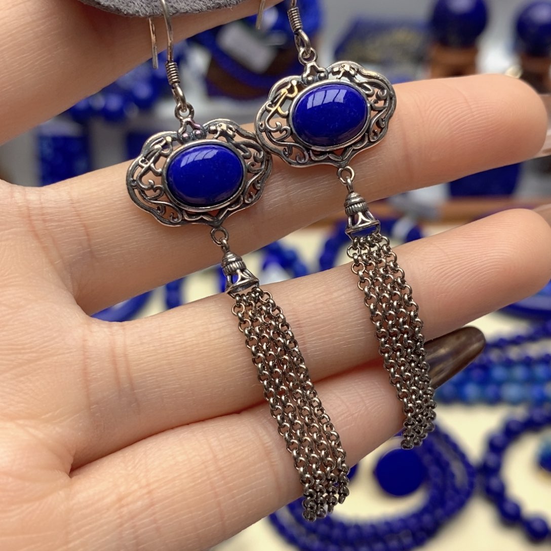 青金石银S925镶嵌耳饰