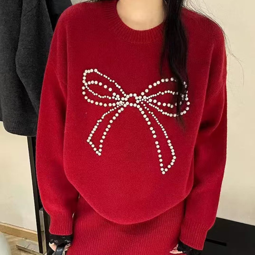 新疆包邮【c706】蝴蝶结钉珠针织两件套套装-衣长63腰围64裙长40