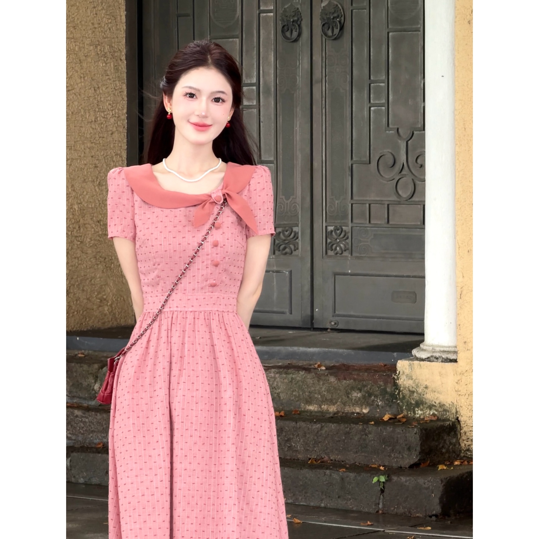 【草莓派】LiLi显瘦裙子法式复古甜美风撞色粉色连衣裙 XMZH8084