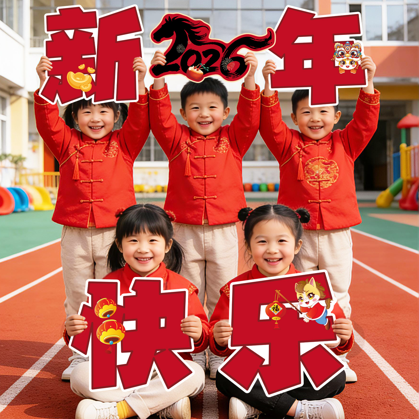 2026新年快乐装饰马年春节过年拜年手举牌气氛围布置儿童拍照道具