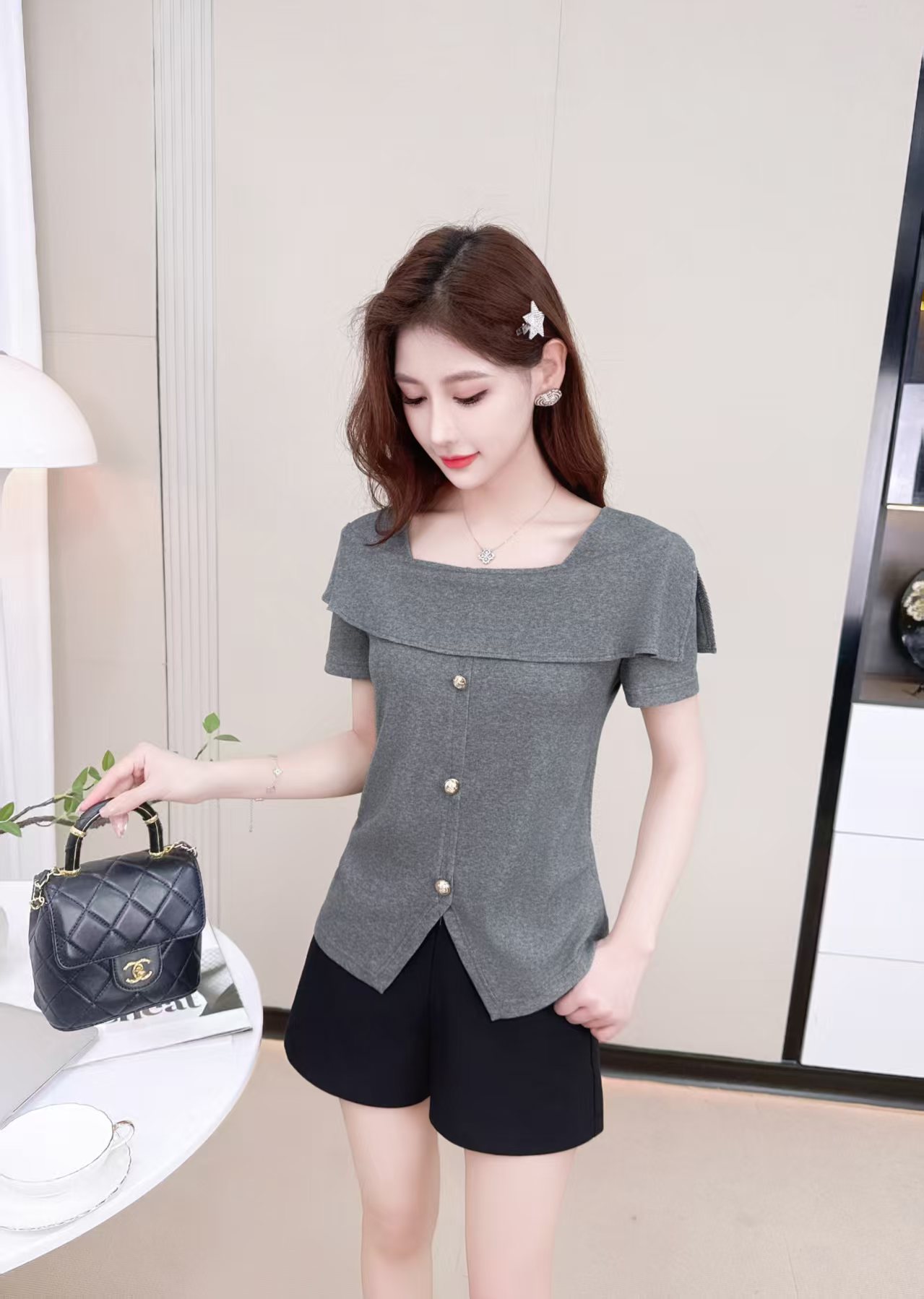 9803法式气质方领短袖t恤女2025夏季新款时尚不规则开叉上衣