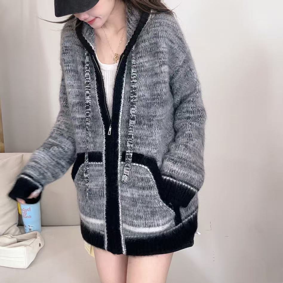 【俩月羊绒】拉绒工艺250370-100山羊绒设计感复古撞色针织开衫