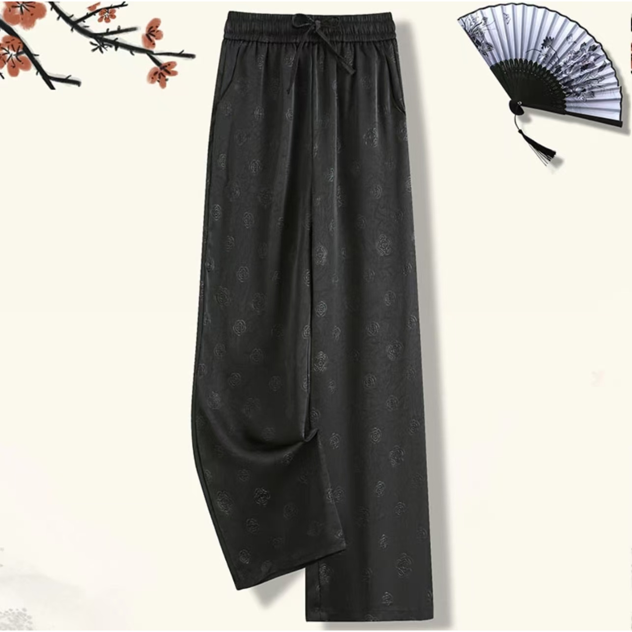 2025夏季新款山茶花印花女休闲春夏秋长裤三季复古国风阔腿k05