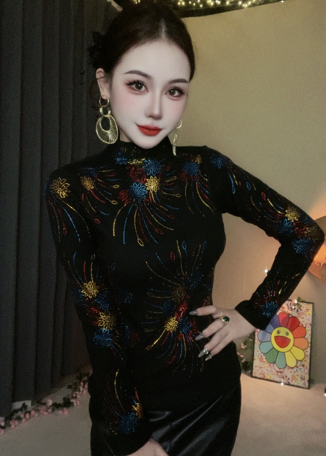 【46#烟花加绒】镶钻打底衫女烫钻小衫修身显瘦上衣女