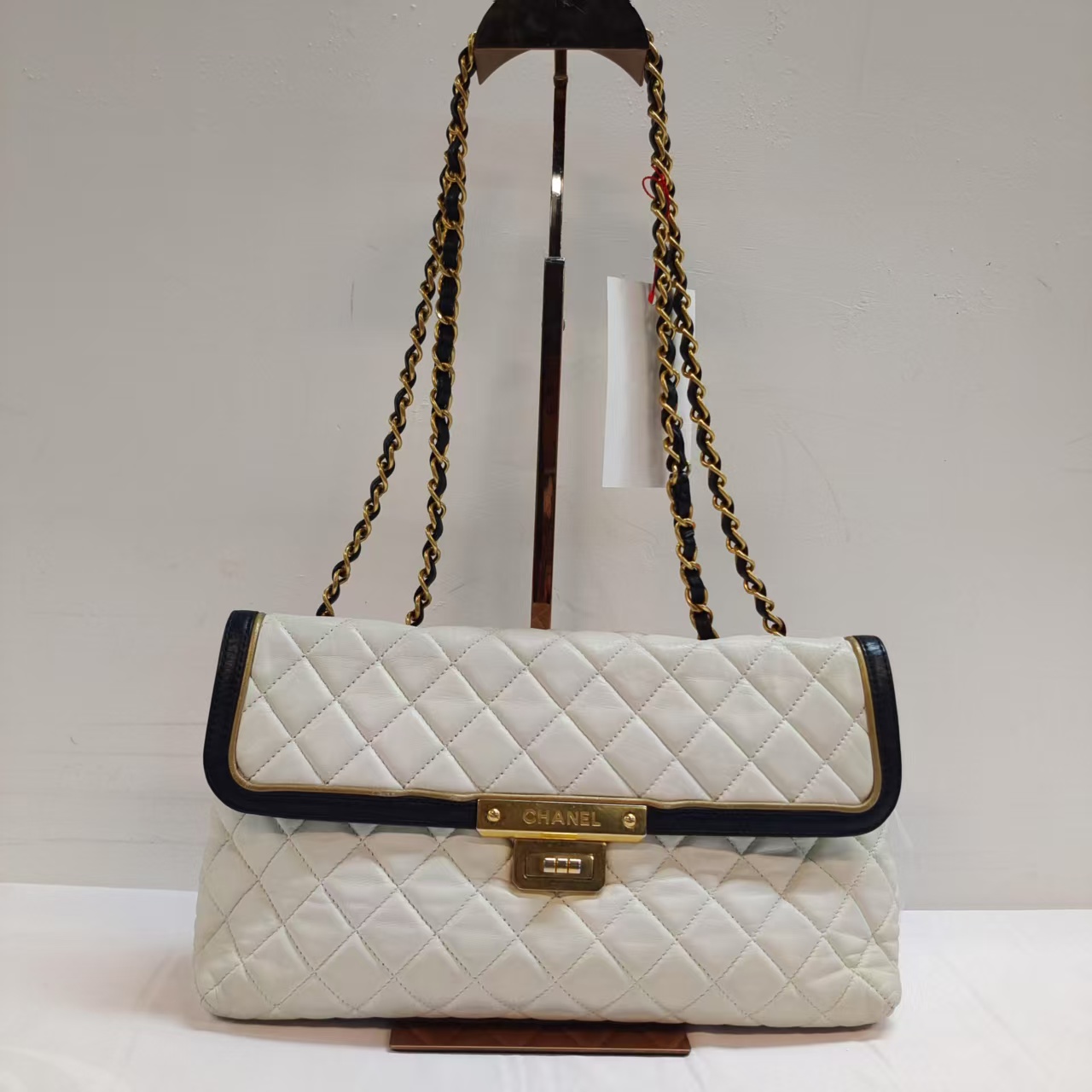 95新 Chanel/香奈儿 白色菱格纹金扣单肩包斜挎包14-15