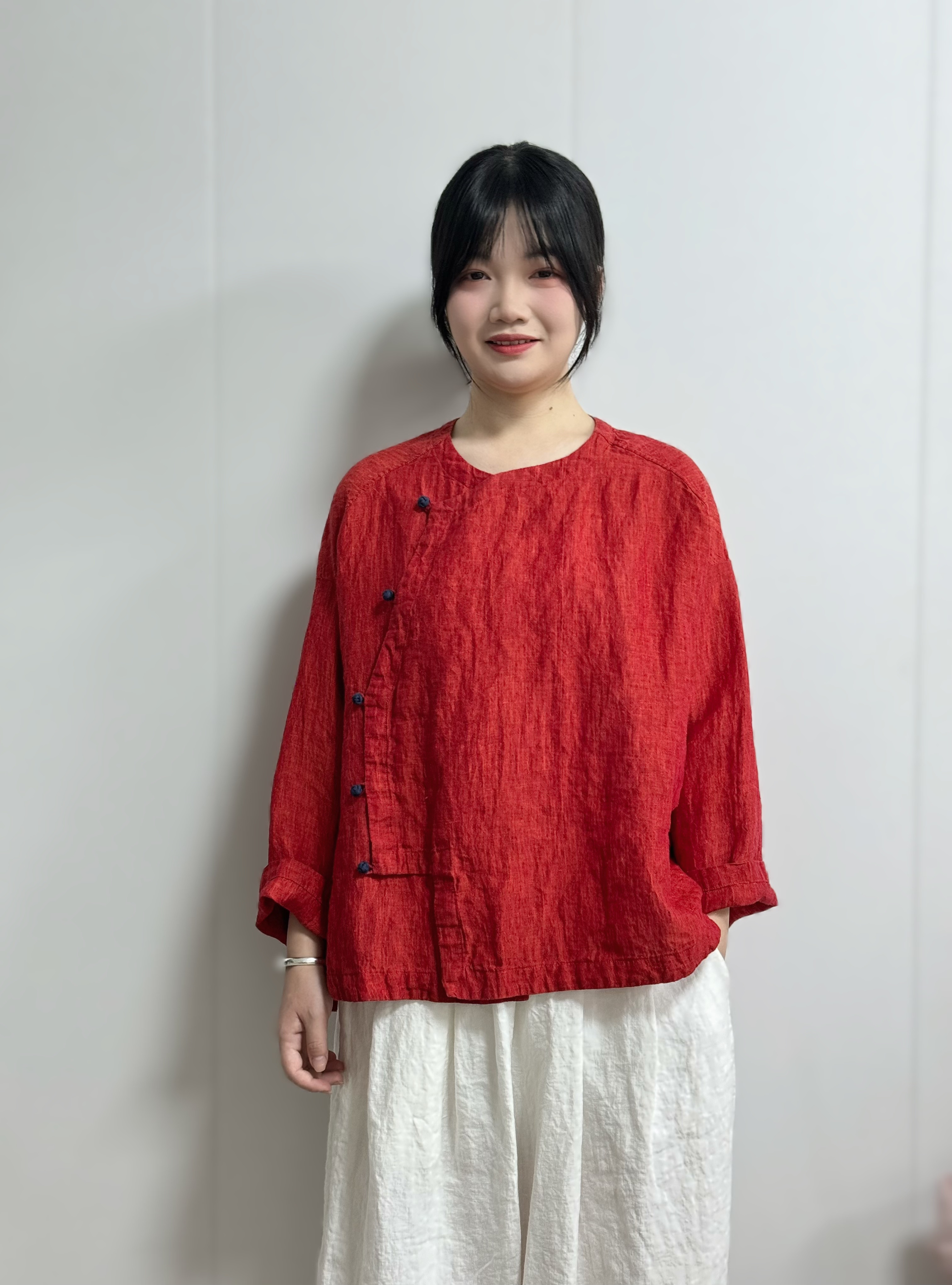 森古 四季复古圆领汉麻长袖斜襟中式上衣撞色葡萄扣大方气质25056