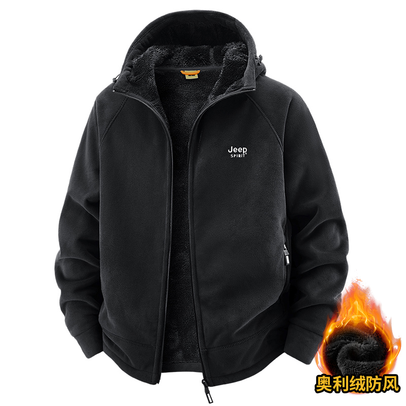 JEEPSPIRIT新款秋冬摇粒绒连帽外套户外加绒加厚抓绒衣男士开衫卫
