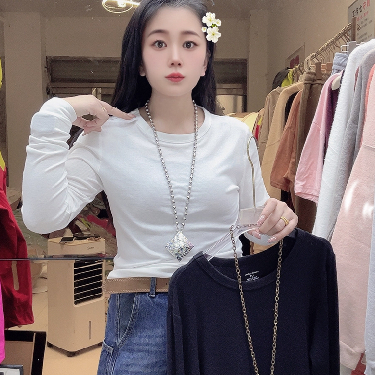 轻职风抗起球女长袖有机长袖T恤打底衫时尚圆领女士螺纹棉