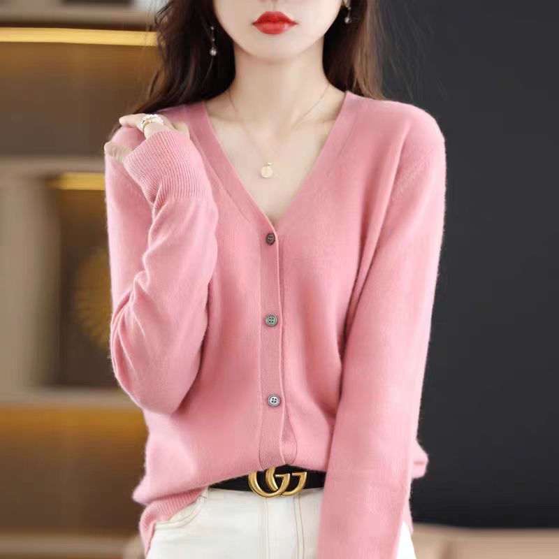 微光轻柔！时髦通勤~V领100纯羊毛开衫女宽松百搭显瘦针织毛衣外套