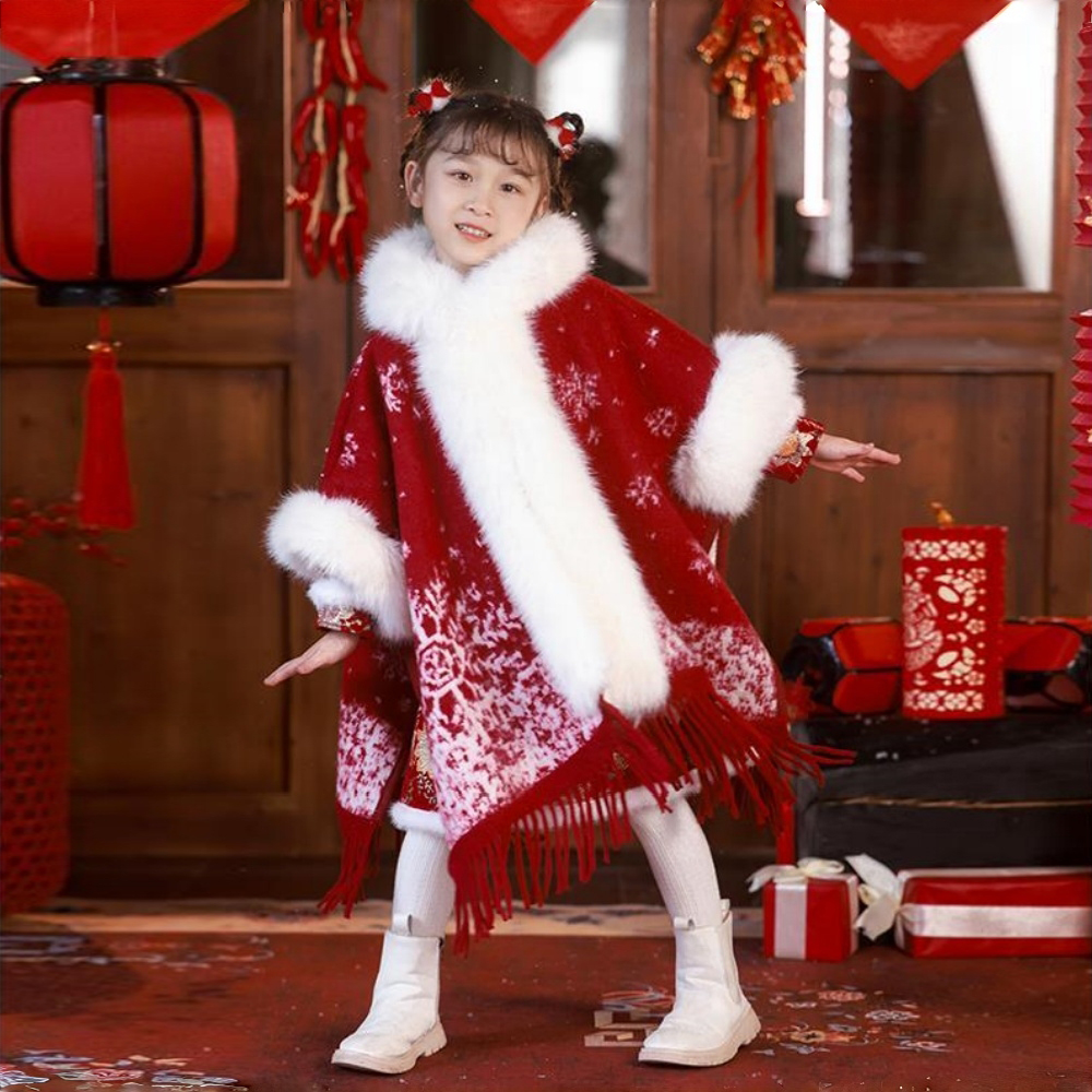 红色女童旗袍披风外搭儿童汉服斗篷国风披肩冬季加厚加绒保暖zh