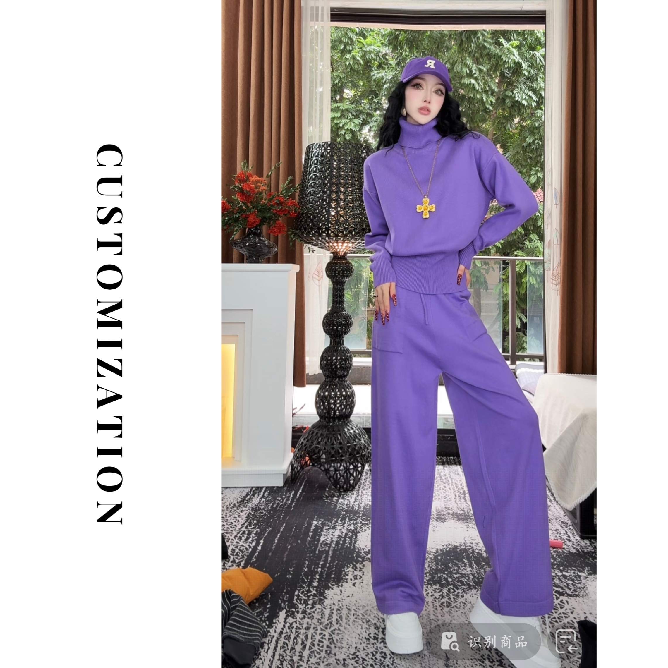 2025冬款毛衣套装高领长袖搭配高腰休闲长裤8338