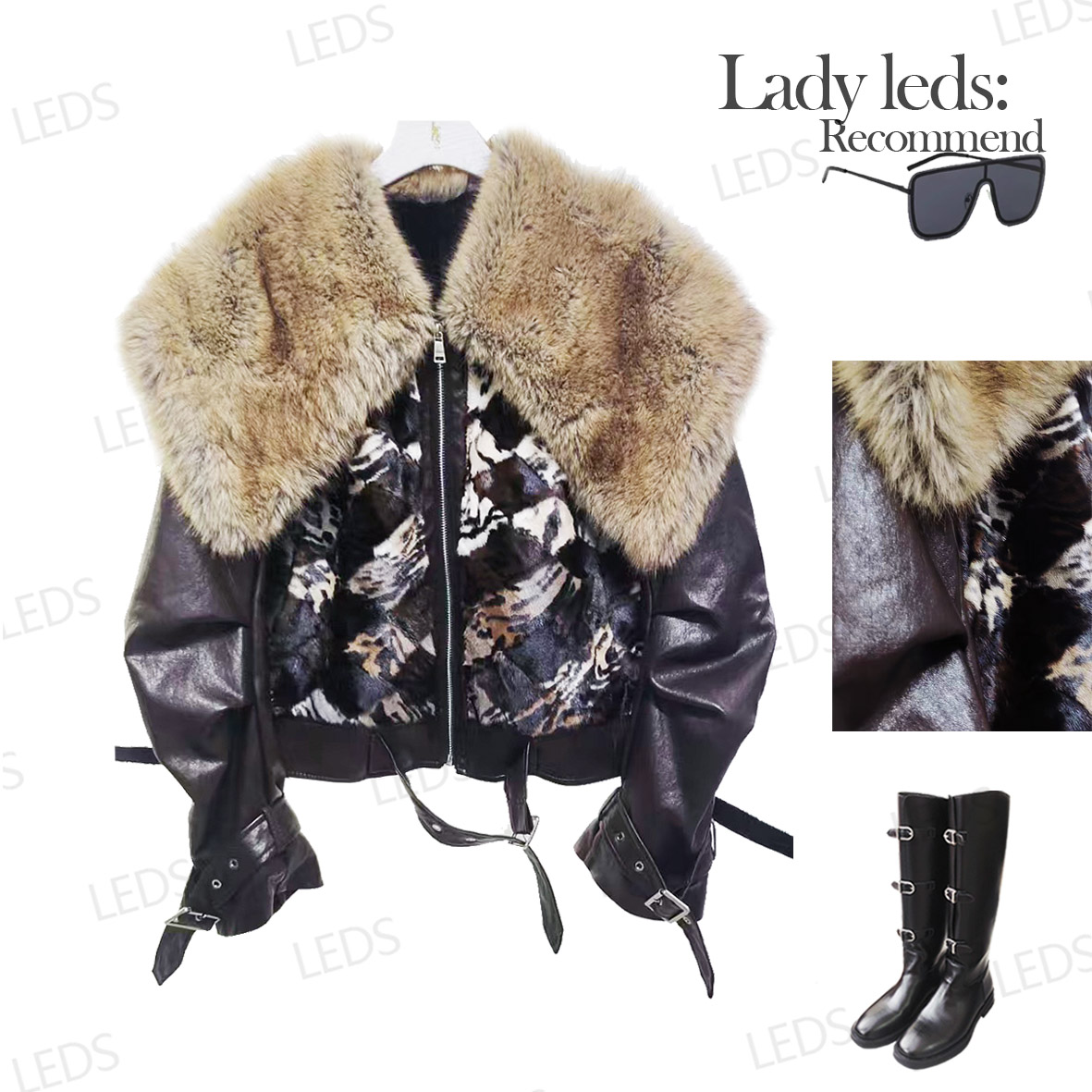 LEDS 28298冬季翻领拼接轻奢厚款气质显瘦外套