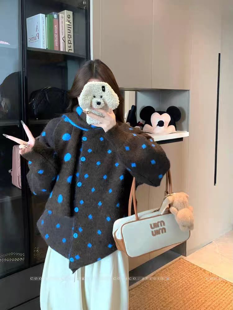 秋季慵懒风针织圆领波点毛针织衫小香风秋冬宽松毛衣H905