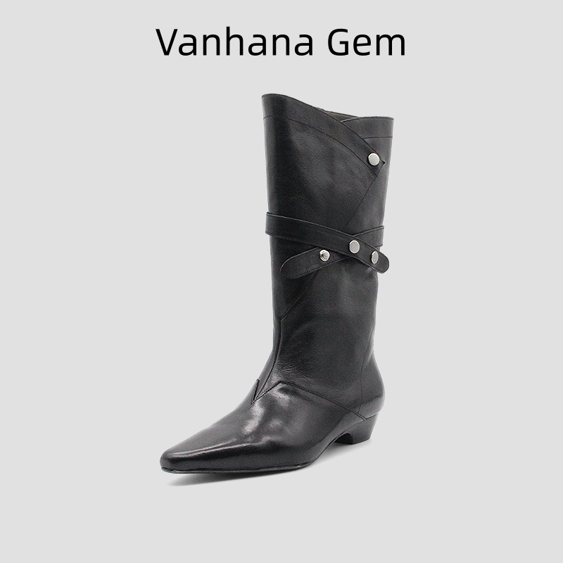 VANHANA GEM 2025新款真皮尖头时尚百搭小坡跟拉链女靴骑士靴