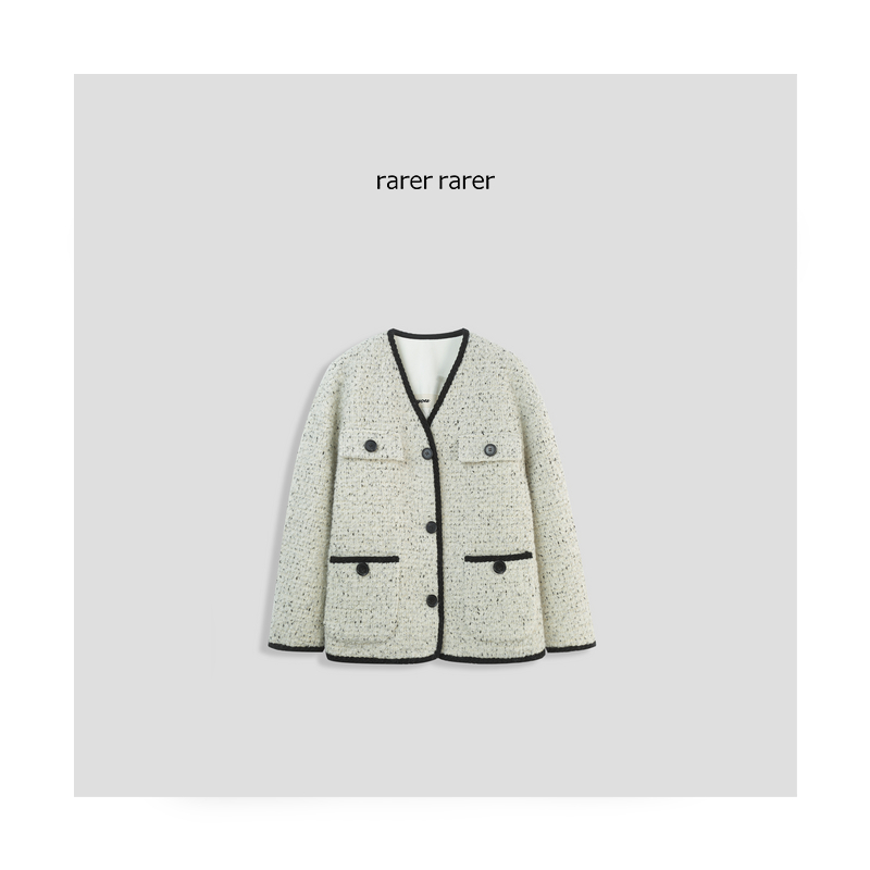 【rarer rarer】“圣诞快乐”V领小香粗花呢羽绒服外套 2403175