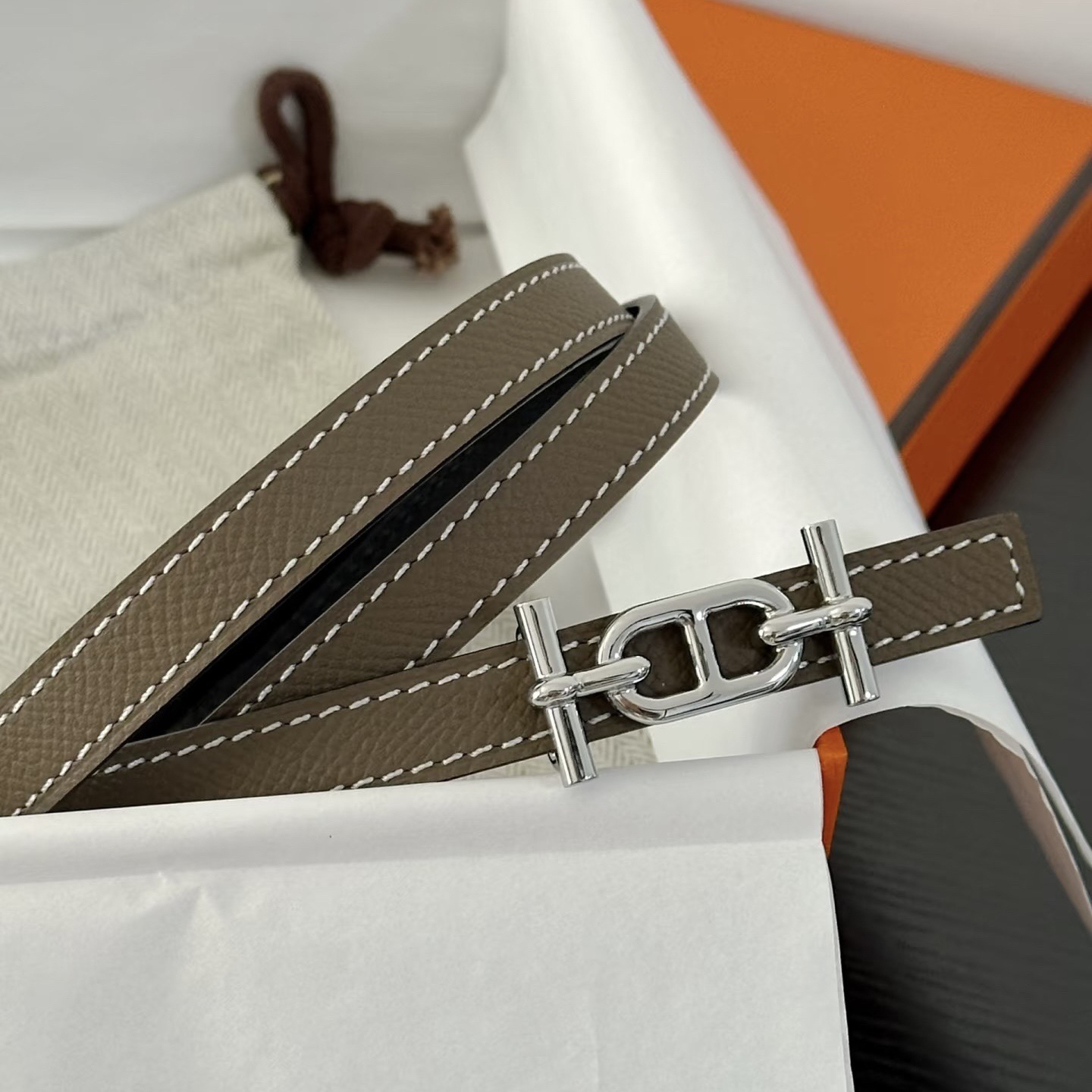 99新 Hermes/爱马仕 银色腰带扣大象灰拼黑色 Ancre双面腰带 Z刻