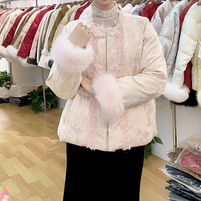 新中式国风拼接短款流苏提花宽松女冬季保暖百搭