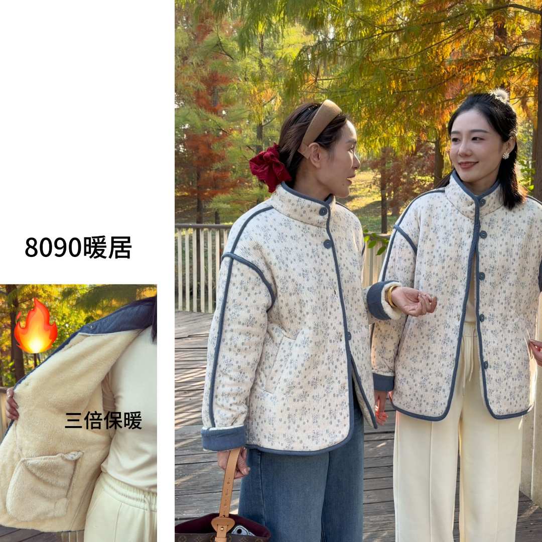 8090暖居【雪绒花包边款】冬季新款三层加绒加厚碎花棉服NJ-25085