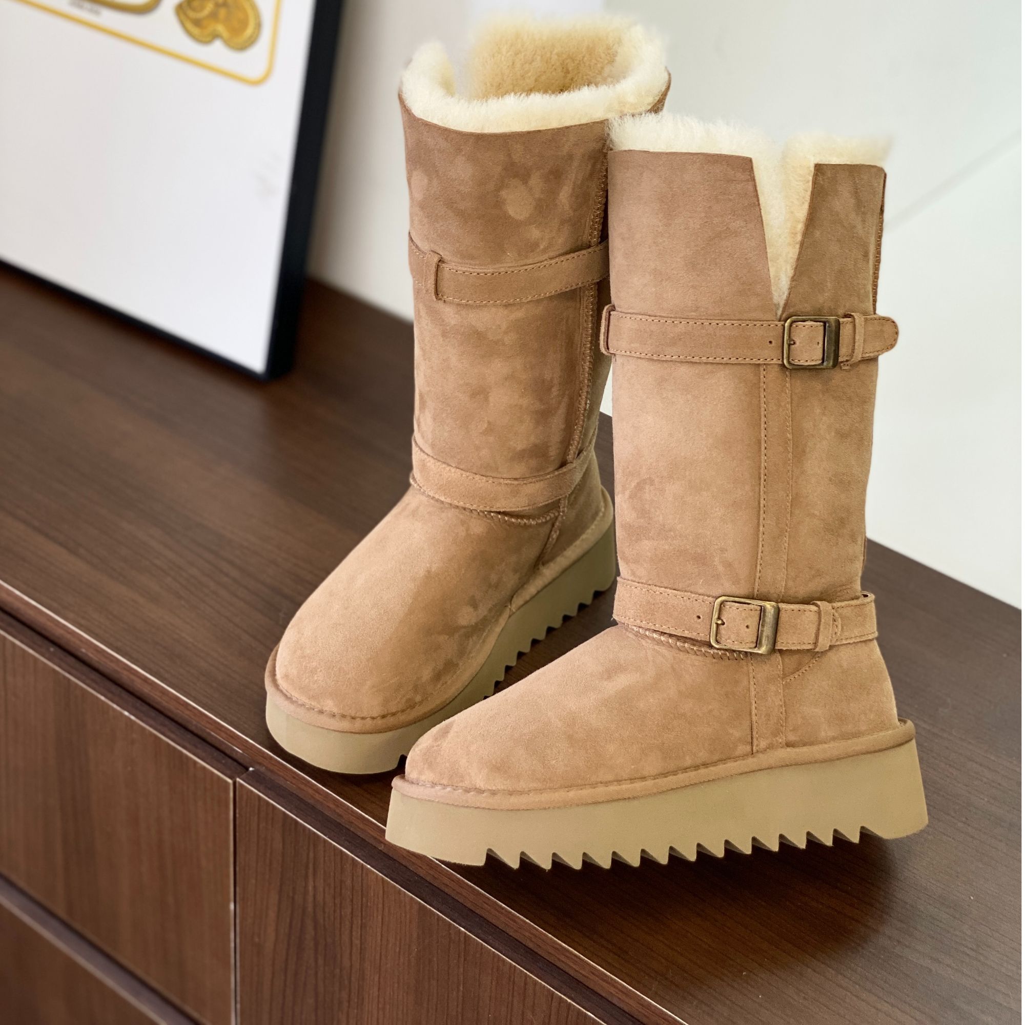 女款真皮雪地靴厚底小方扣长筒靴长靴内增高羊毛真皮牛绒DN24283