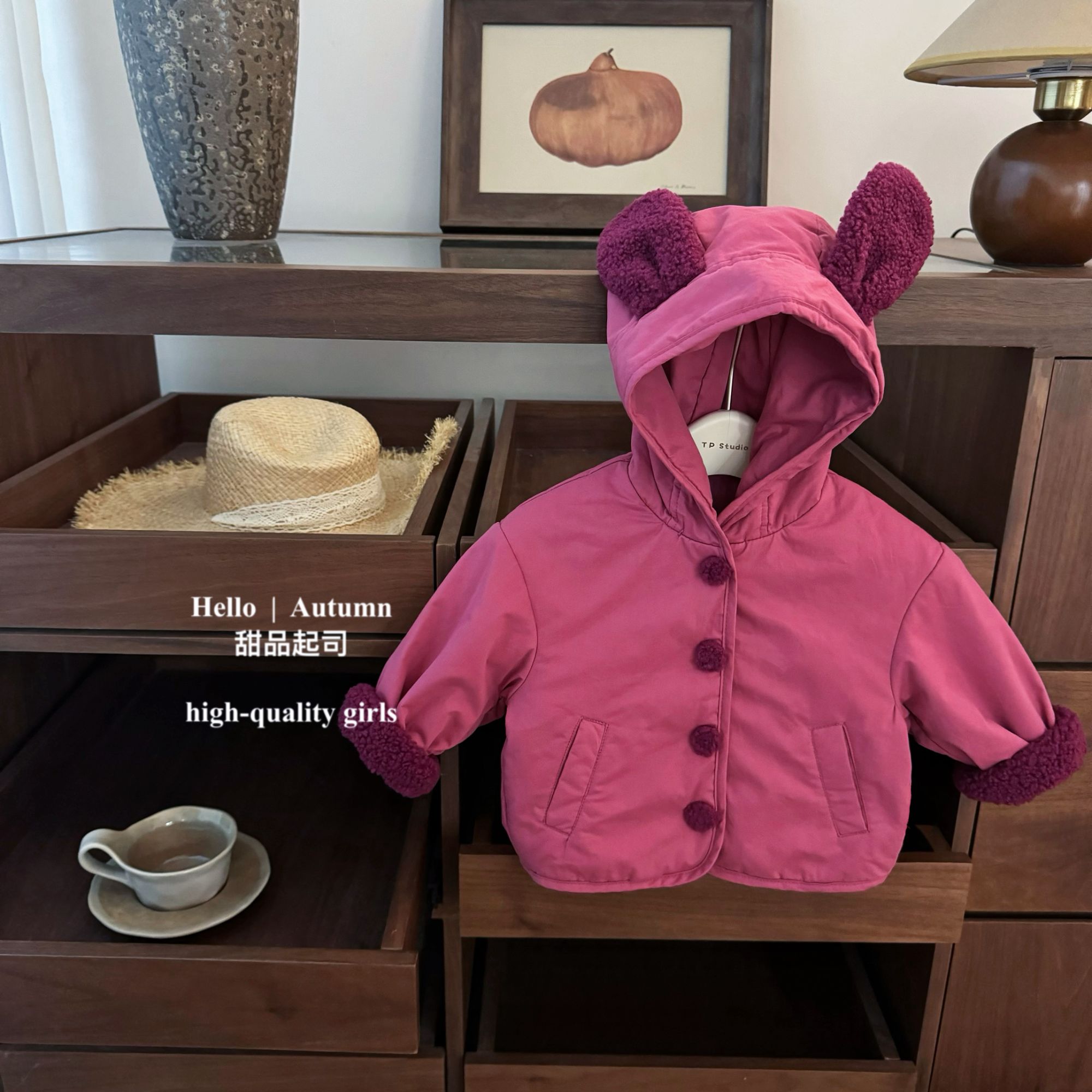 【甜品起司】两面穿！韩系女宝宝巨显白火龙果色小熊耳朵棉服外套