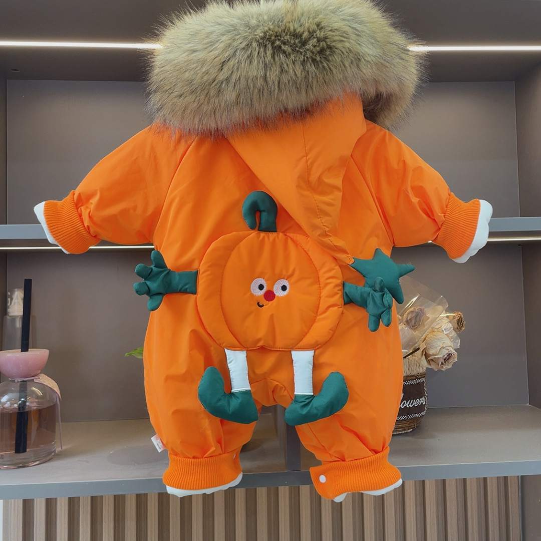 MR冬款南瓜小星哈衣男女宝连帽超可爱洋气拉链婴幼拉链连体衣