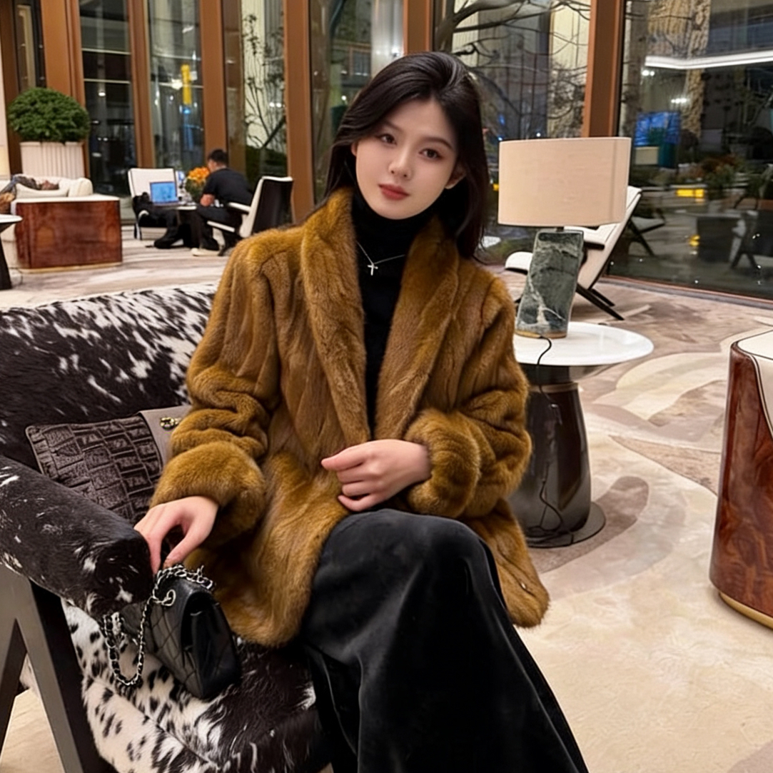 金叶貂中古风环保水貂毛外套女毛绒皮毛一体年轻时尚皮草貂皮大衣