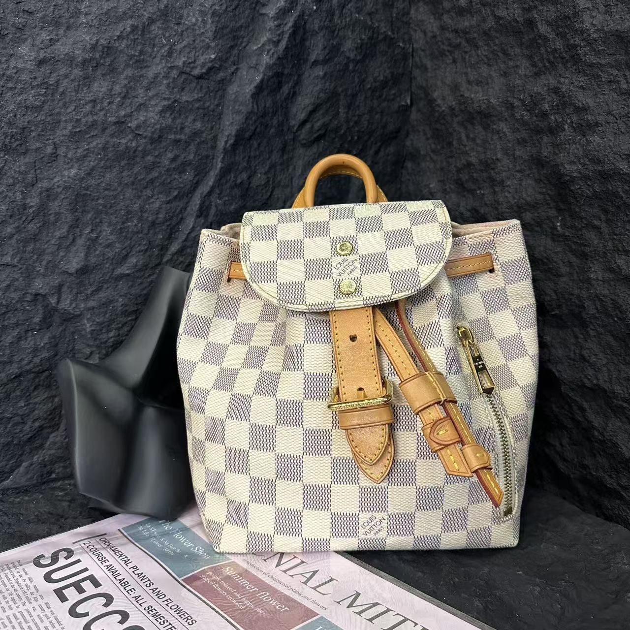 95新 LouisVuitton/路易威登 双肩包/白棋盘格/63127