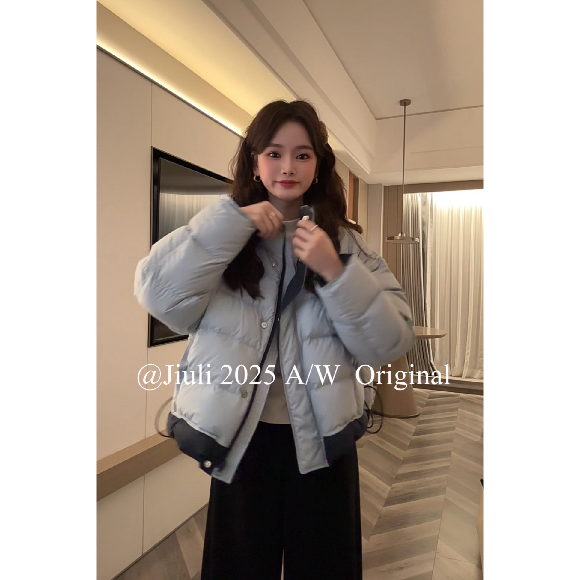 九莉【瑞拉羽绒】新国标90绒 撞色立领保暖休闲羽绒服