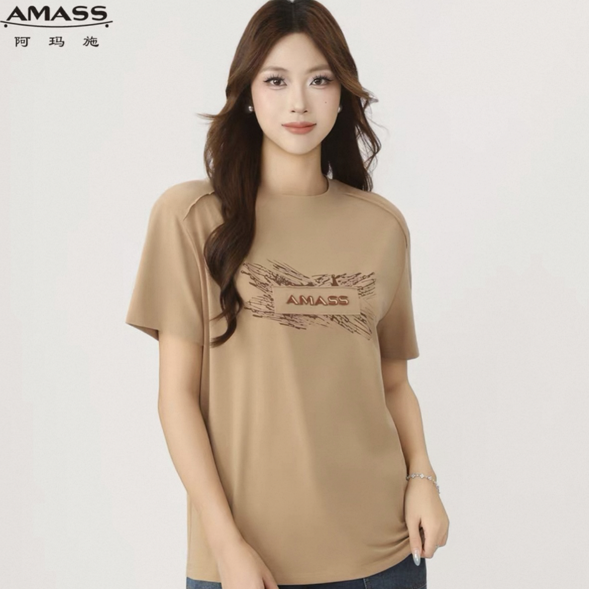 AMASS/阿玛施短袖夏季水洗休闲风时尚透气T恤百搭字母女款530084