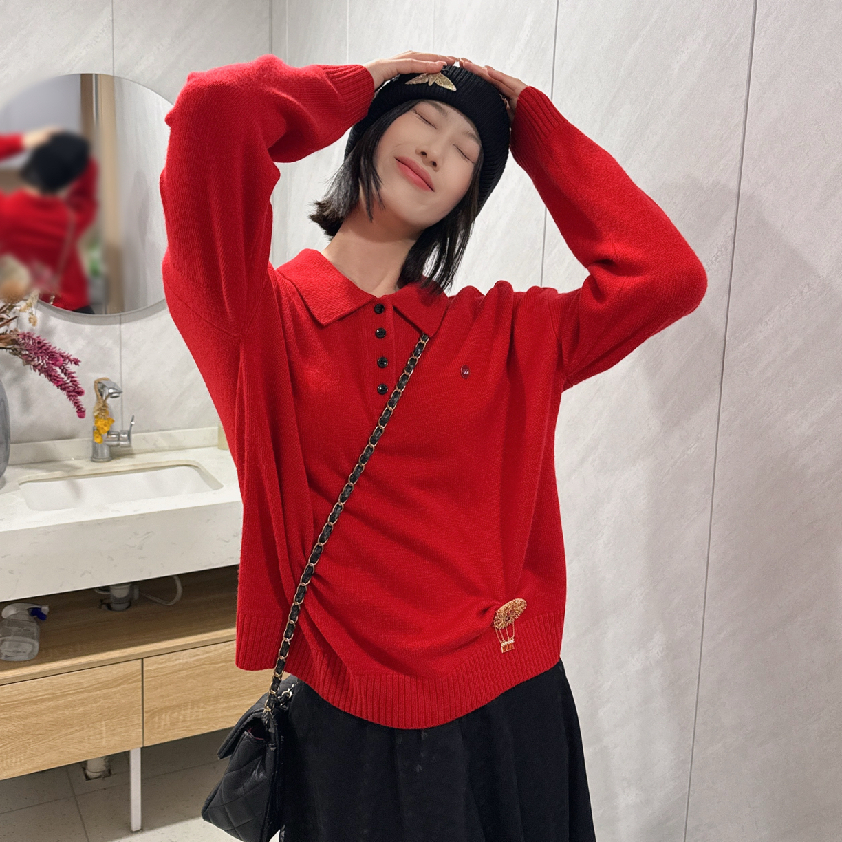 火星红翻领POLO针织衫女秋季宽松插肩长袖简约休闲上衣