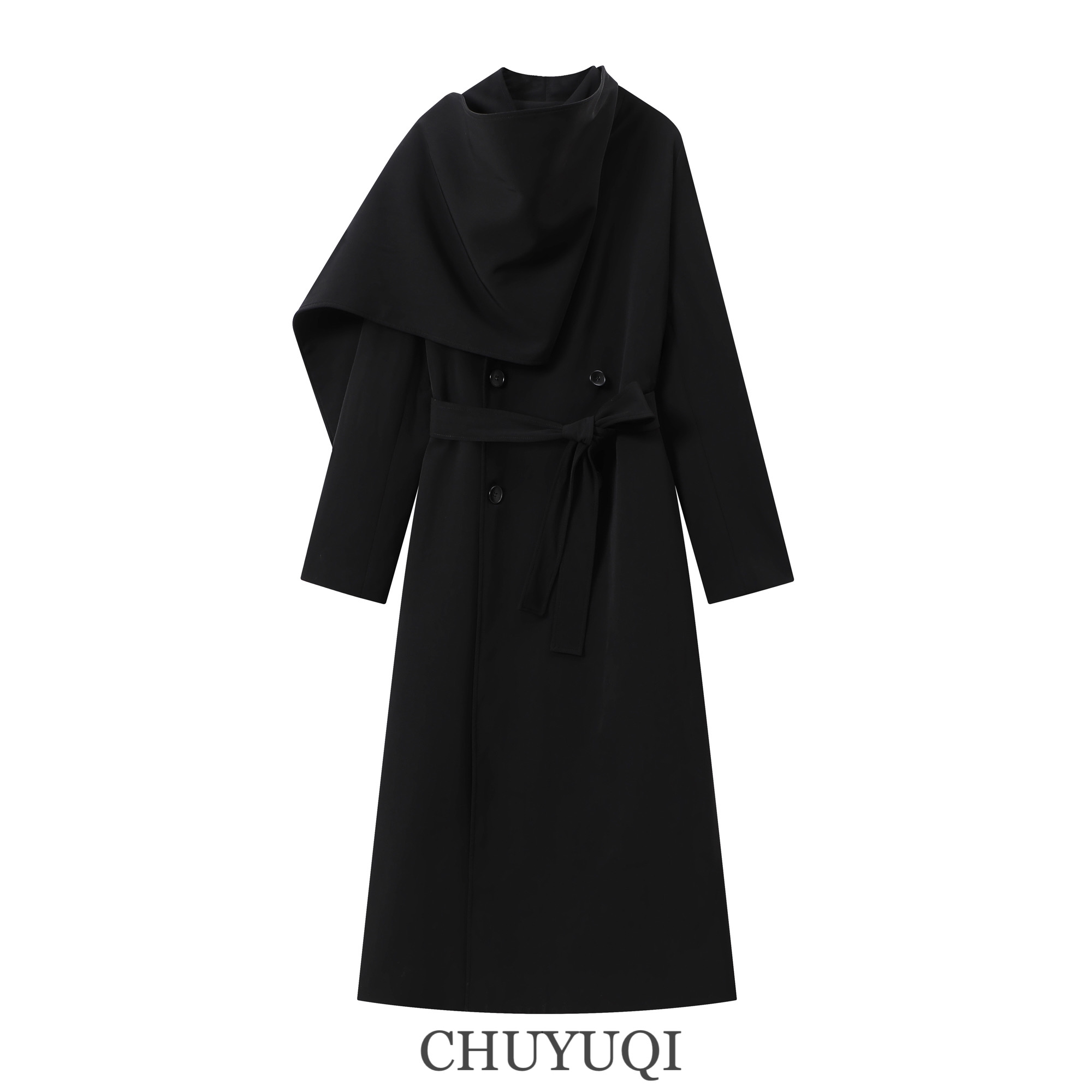 除于七【黑武士】小众设计感宽松廓形围巾秋季长款风衣外套1863