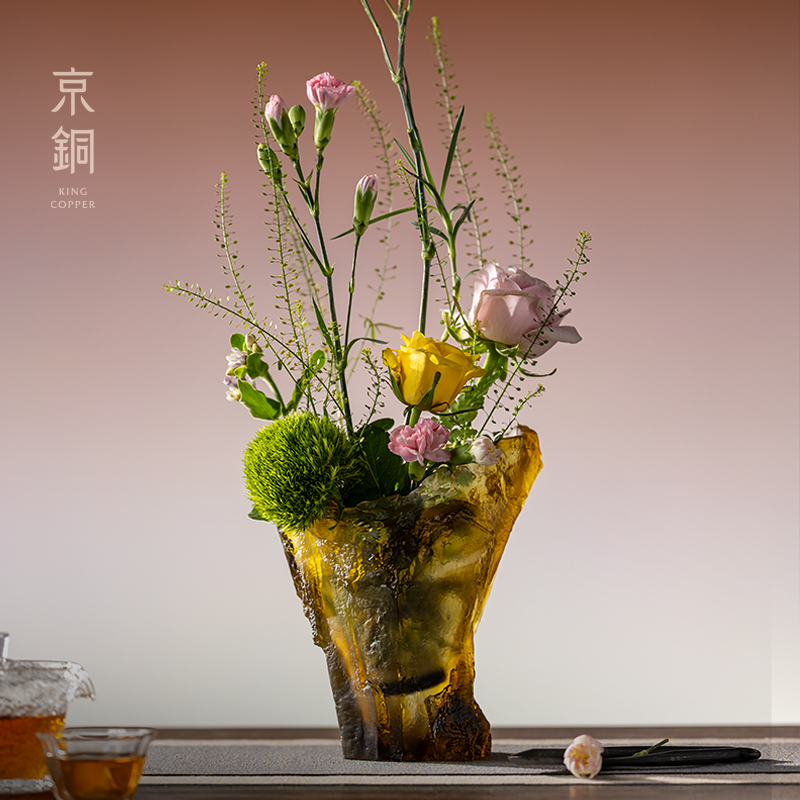 京铜原创醒石花器花瓶花插琉璃摆件禅意摆件纯手工创意摆件新中式