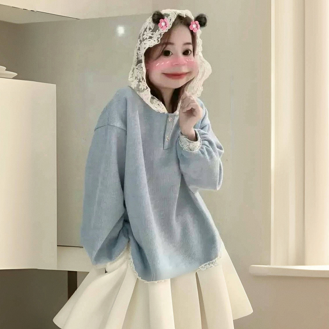 2988重工蕾丝帽子拼接 加绒加厚 雪尼尔卫衣