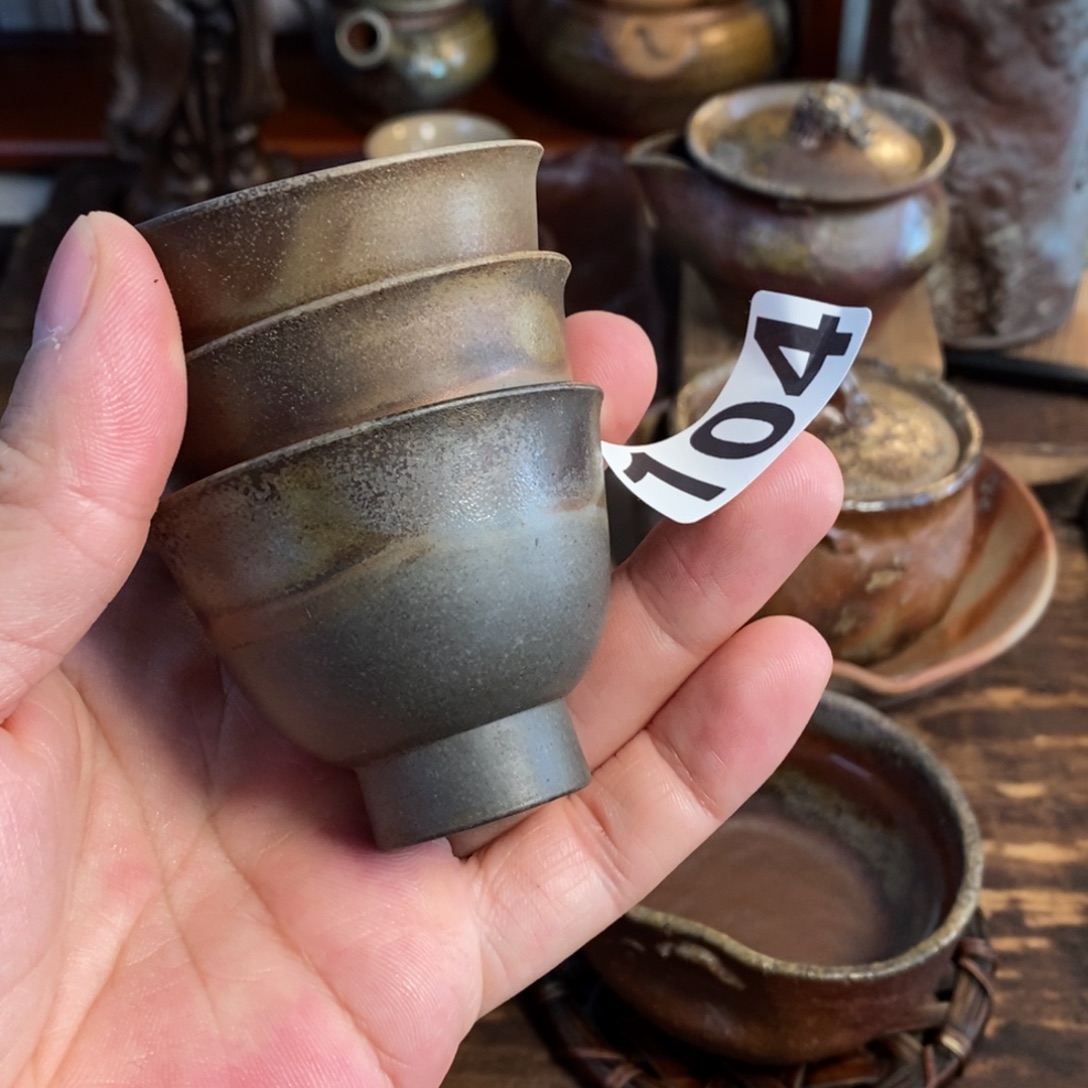 备前烧柴烧茶具三只二代陶古