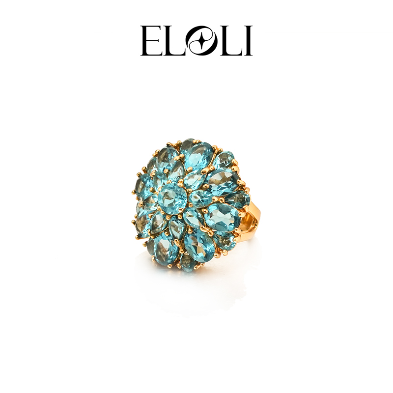 Eloli22K戒指天然彩宝蓝色花朵戒指R1076BT 925银